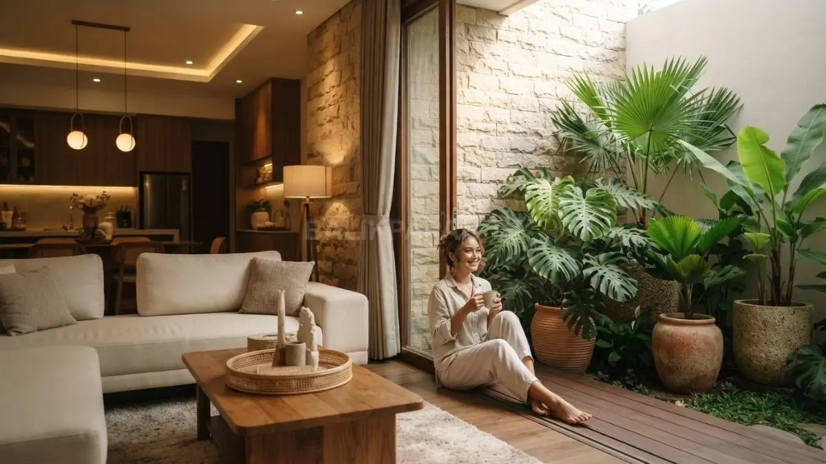 Batu alam dan tanaman tropis menjadi titik utama dekorasi Bali glamor dengan suasana alami, elegan, dan mewah. (BTV/AI)