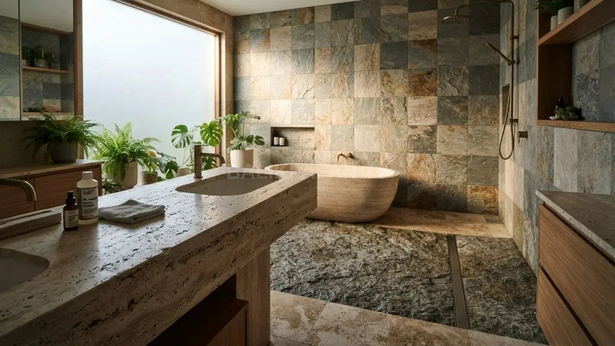 Batu alam menghadirkan tekstur natural yang elegan, tetapi membutuhkan sealing dan perawatan khusus agar tetap awet. (BTV/AI)