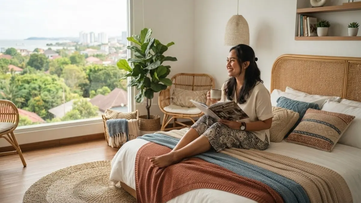 Boho coastal memadukan tekstur anyaman, kain natural, rotan, dan warna laut untuk kamar hangat nyaman. (BTV/AI)