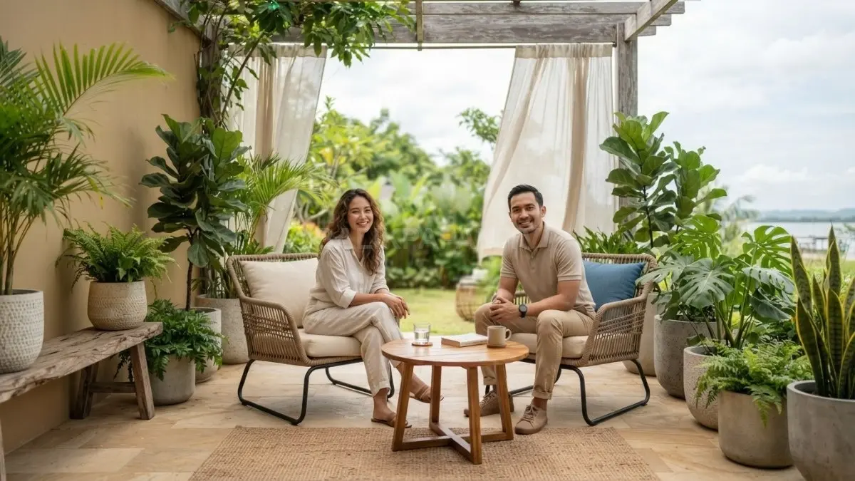 Dekorasi tropical beach house memadukan rotan, kayu, tanaman hijau, dan warna pasir hangat alami elegan. (BTV/AI)