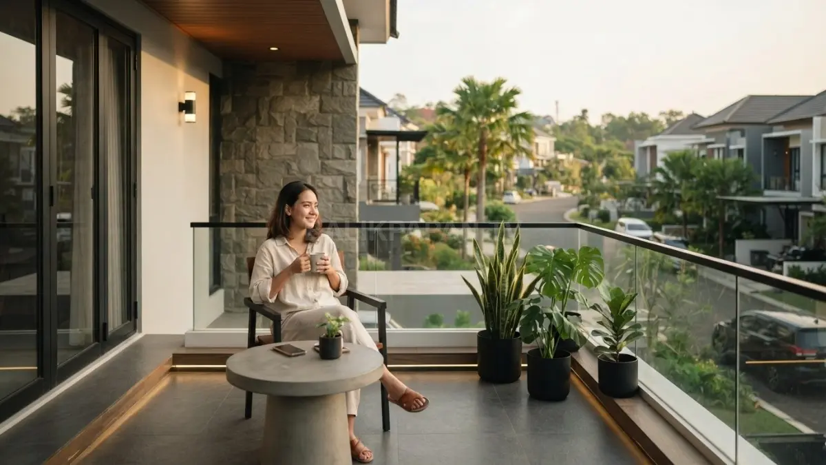 Desain balkon minimalis memadukan kaca, logam, batu alam, pencahayaan, tanaman, dan proporsi elegan untuk hunian. (BTV/AI)