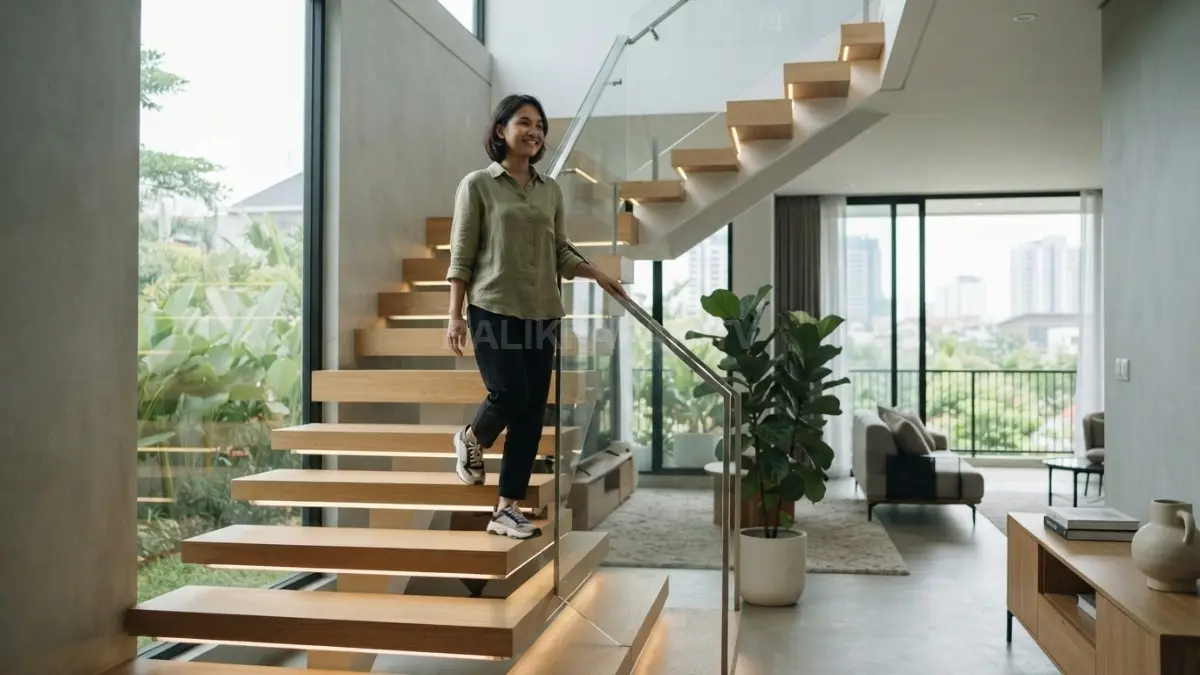 Desain tangga minimalis memadukan efisiensi ruang, material modern, keamanan, pencahayaan, dan karakter rumah masa kini. (BTV/AI)