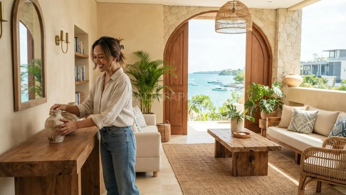 Gaya Mediterranean beach menghadirkan suasana pesisir melalui batu alam, kayu, krem, dan aksen biru elegan. (BTV/AI)