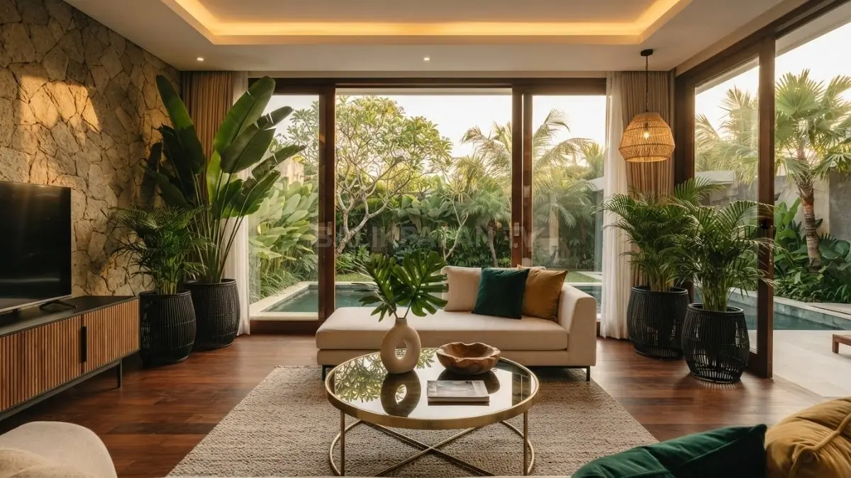 Home decor Bali glamor memadukan kayu, batu alam, rotan, tanaman tropis, dan pencahayaan hangat elegan. (BTV/AI)