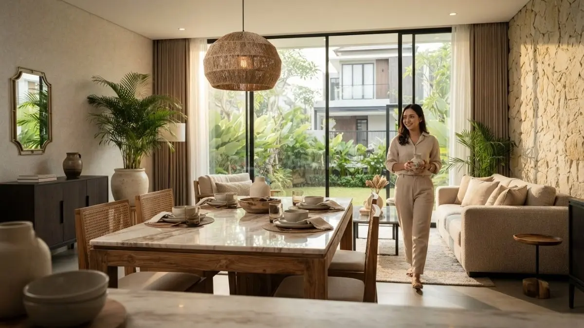 Home decor Bali glamor memadukan marmer, kayu, rotan, tanaman tropis, dan aksen metalik elegan modern. (BTV/AI)