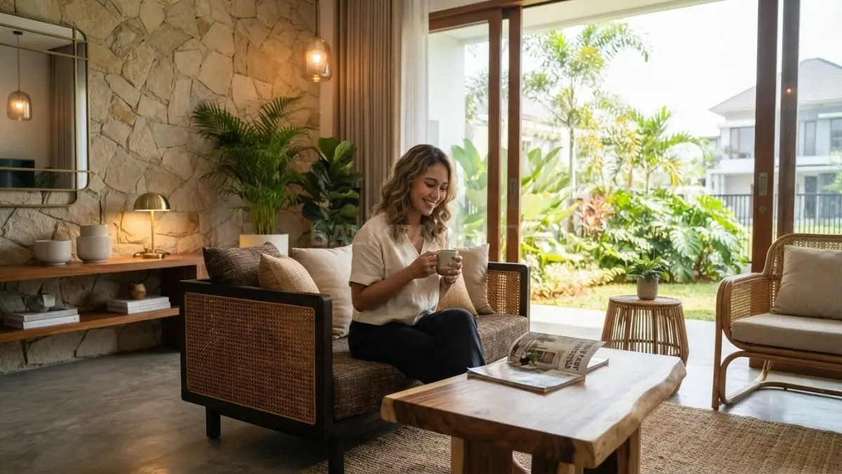 Home decor Bali glamor memadukan material natural, tanaman tropis, pencahayaan hangat, dan aksen mewah elegan. (BTV/AI)