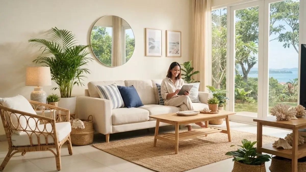 Home decor bergaya pantai memadukan putih, biru laut, kayu terang dan material alami untuk suasana. (BTV/AI)