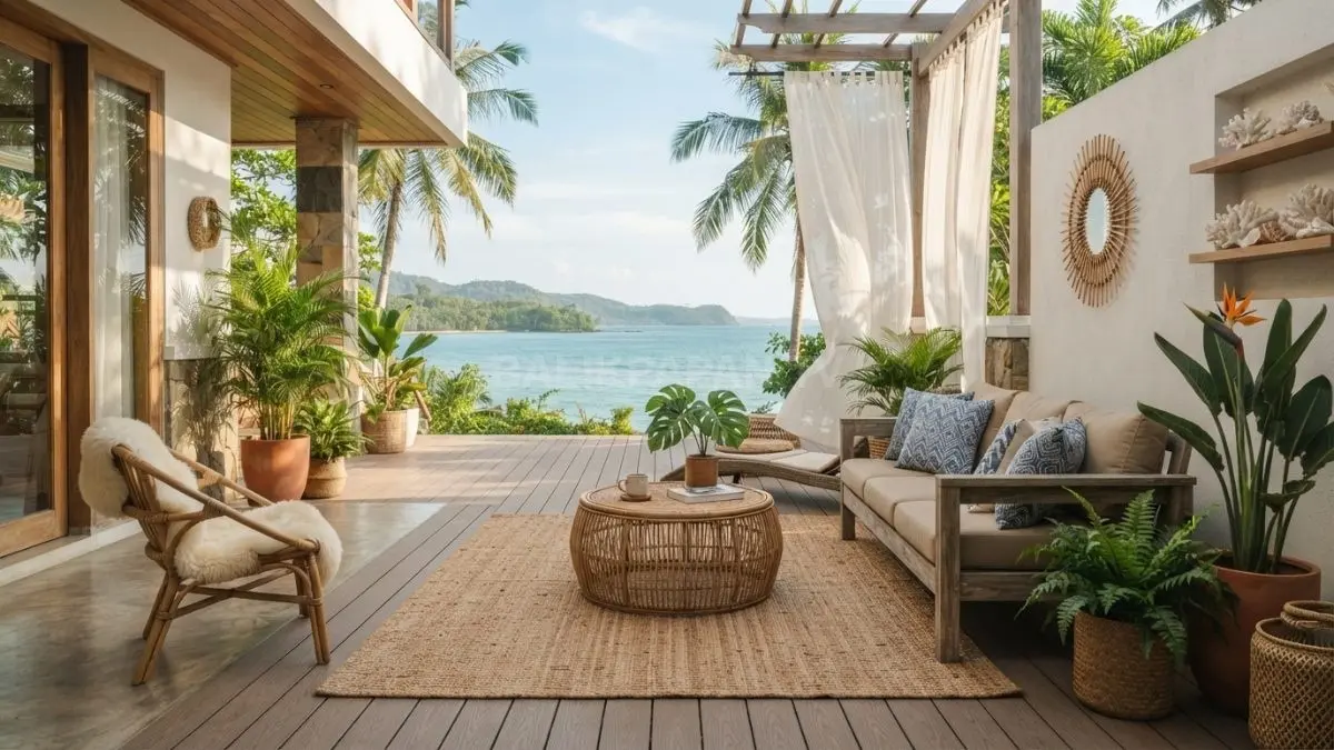 Home decor bergaya pantai memadukan warna laut, kayu, rotan, tanaman, serta material tahan cuaca untuk kenyamanan. (BTV/AI)