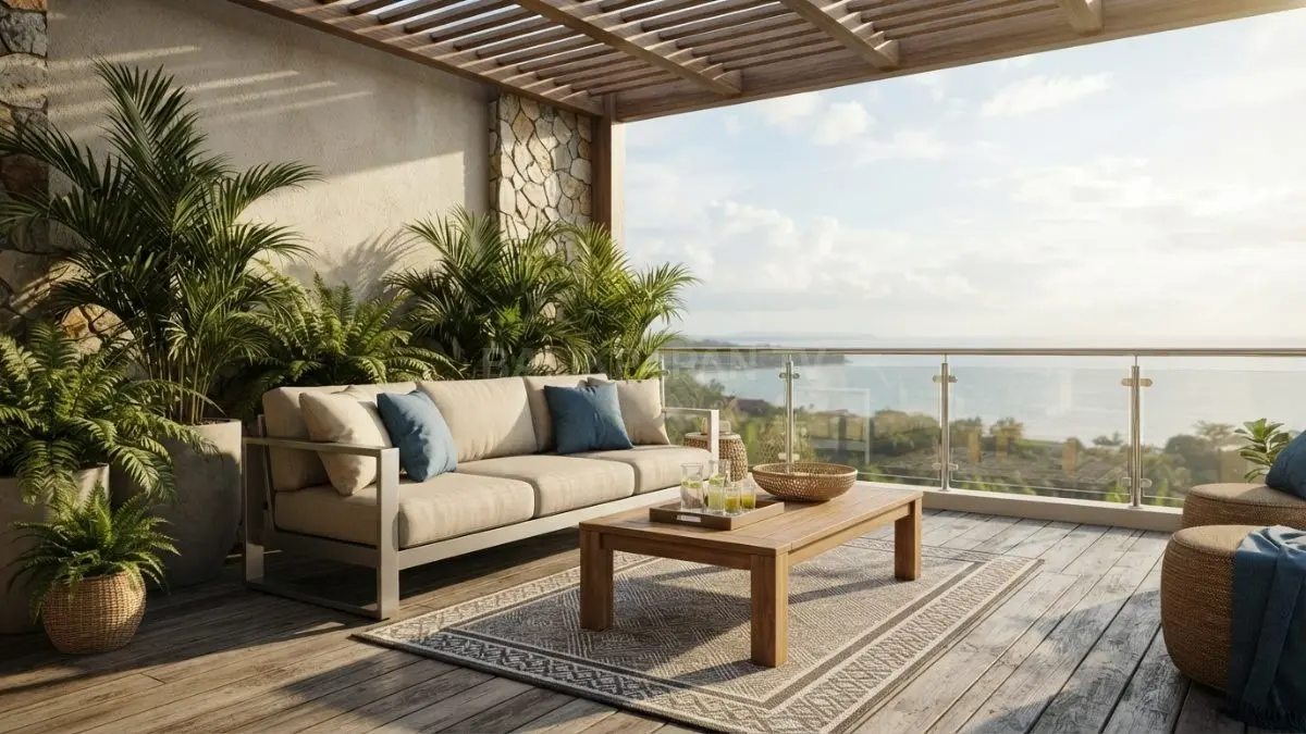Home decor bergaya pantai menghadirkan teras modern melalui kayu jati, rotan, dan material tahan cuaca. (BTV/AI)