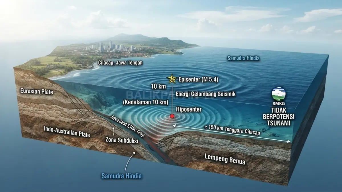Ilustrasi Ilustrasi gempa bumi wilayah Cilacap dan penanda episenter gempa di laut tenggara Jawa Tengah.