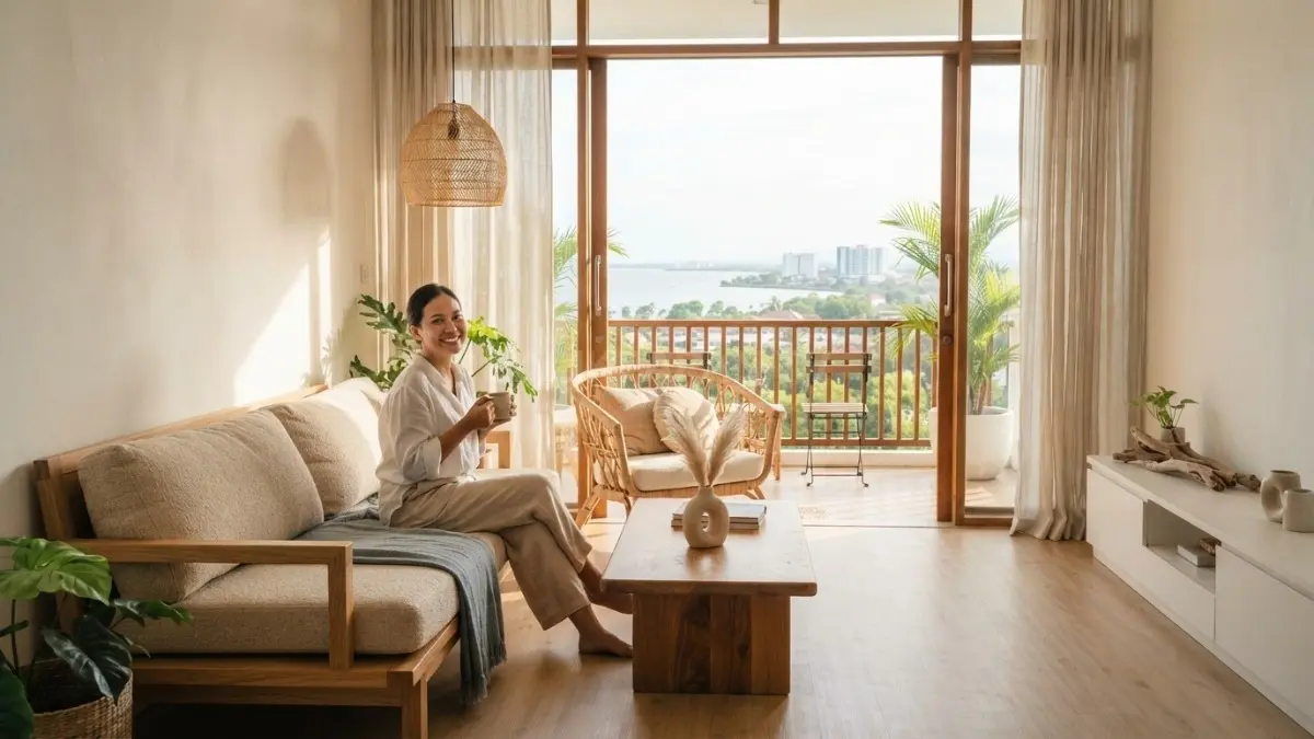 Japandi beach memadukan furnitur kayu sederhana, warna lembut, tekstur alami, dan pencahayaan hangat dalam ruang. (BTV/AI)