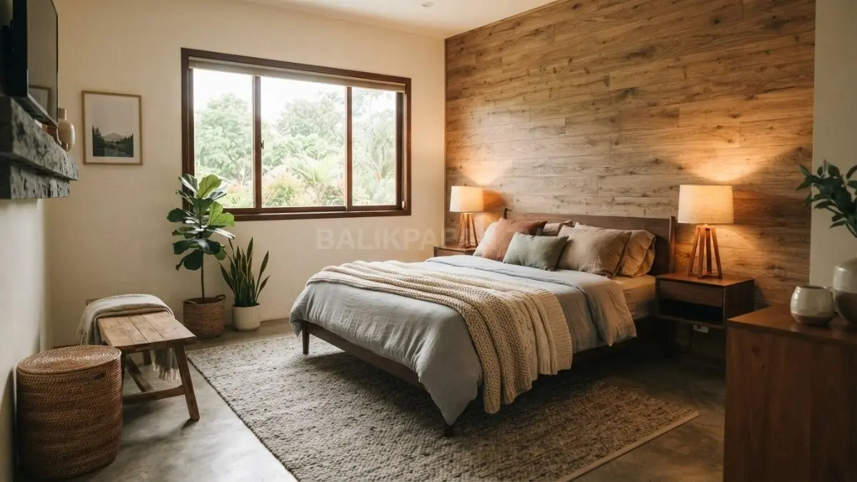 Kamar bergaya Alpine Lodge memadukan panel kayu, warna bumi, tekstur hangat, serta pencahayaan lembut yang nyaman. (BTV/AI)
