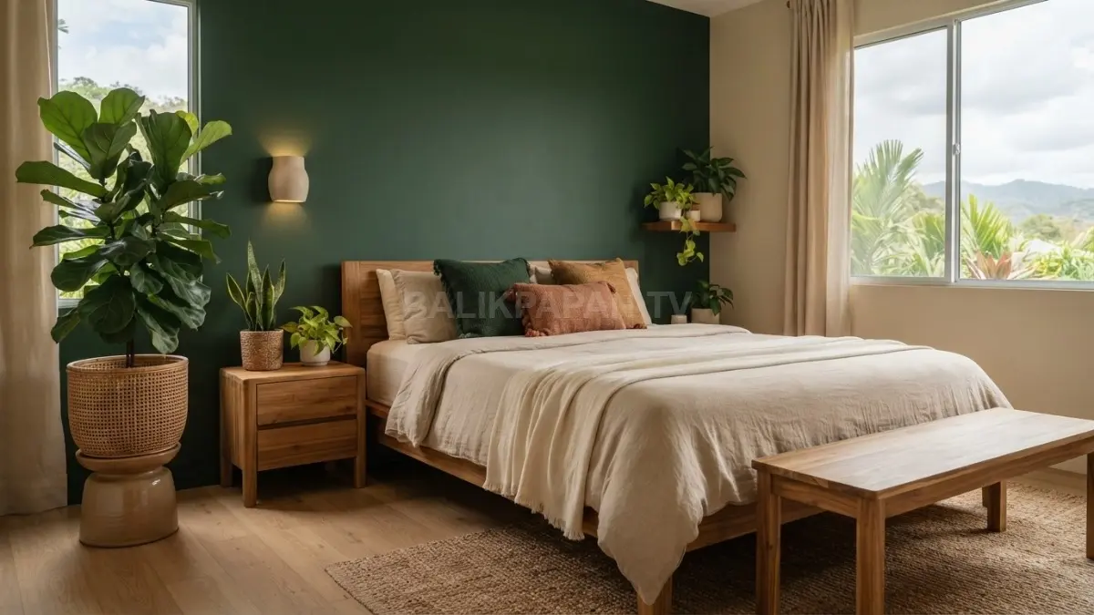 Kamar bergaya forest mountain memadukan warna hijau hutan, kayu, rotan, tanaman, dan tekstur alami hangat. (BTV/AI)