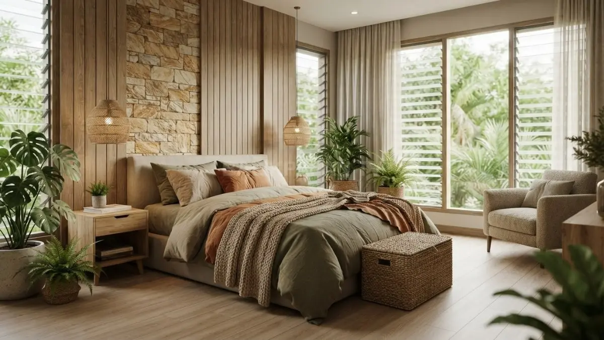 Kamar bergaya pegunungan memadukan kayu, batu dekoratif, warna bumi, tekstur hangat, dan pencahayaan lembut alami. (BTV/AI)