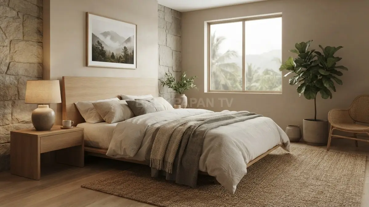 Kamar Japandi Mountain memadukan kayu terang, linen, warna bumi, furnitur sederhana, dan pencahayaan lembut alami. (BTV/AI)