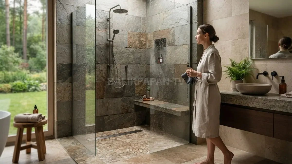 Kamar mandi minimalis modern dengan kombinasi lantai area kering dan shower yang fungsional.