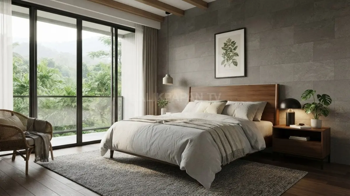 Kamar modern mountain memadukan kayu, abu-abu batu, linen, pencahayaan lembut, dan material natural yang hangat. (BTV/AI)