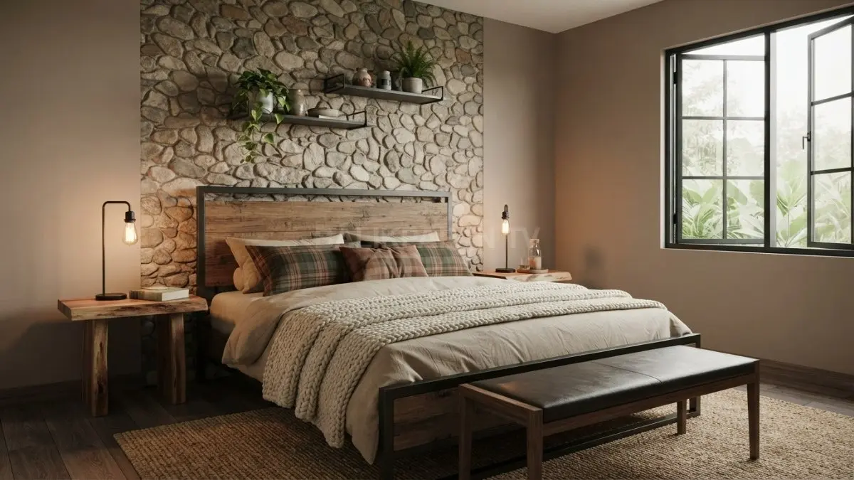 Kamar rustic cabin memadukan aksen batu, kayu, tekstil rajut, karpet, dan warna bumi untuk suasana hangat. (BTV/AI)