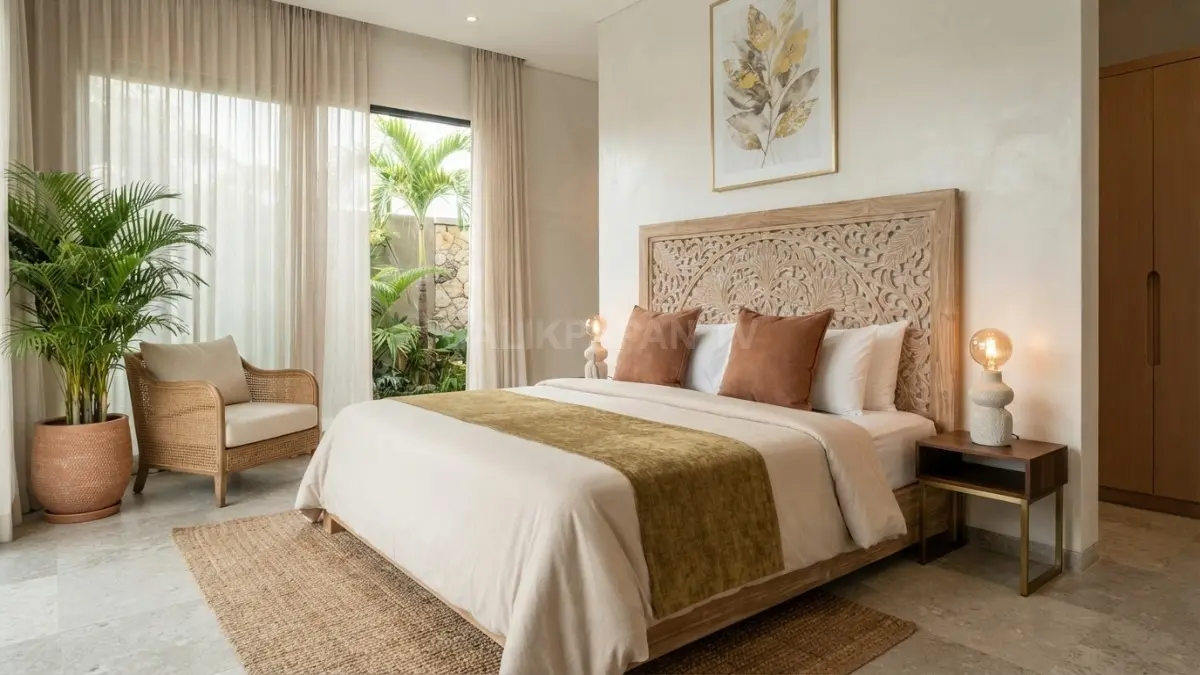 Kamar tidur Bali glamor menampilkan headboard statement, material rotan, linen, pencahayaan hangat, dan aksen elegan. (BTV/AI)