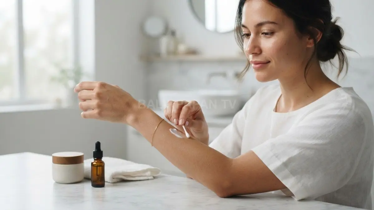 Langkah awal menguji keamanan produk skincare baru dengan mengoleskannya pada area lengan bawah. (BTV/Ai)