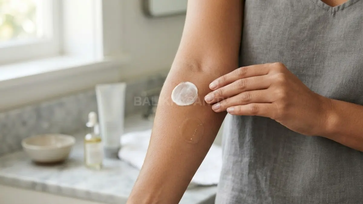 Langkah awal uji usap produk skincare pada area lengan untuk memastikan keamanan sebelum penggunaan harian. (BTV/Ai)