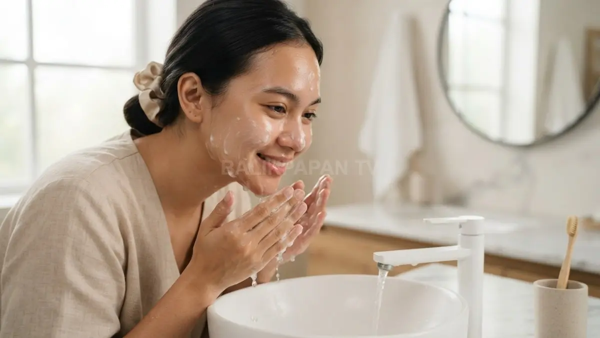 Membersihkan wajah menggunakan pembersih lembut secara rutin membantu menjaga kelembapan serta kesehatan kulit harian. (BTV/Ai)