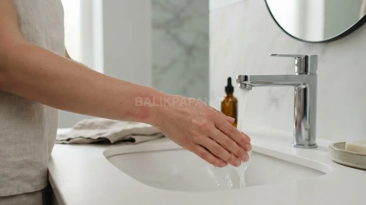 Membilas kulit dengan air bersih secara lembut membantu meredakan kemerahan ringan akibat ketidakcocokan produk skincare. (BTV/Ai)