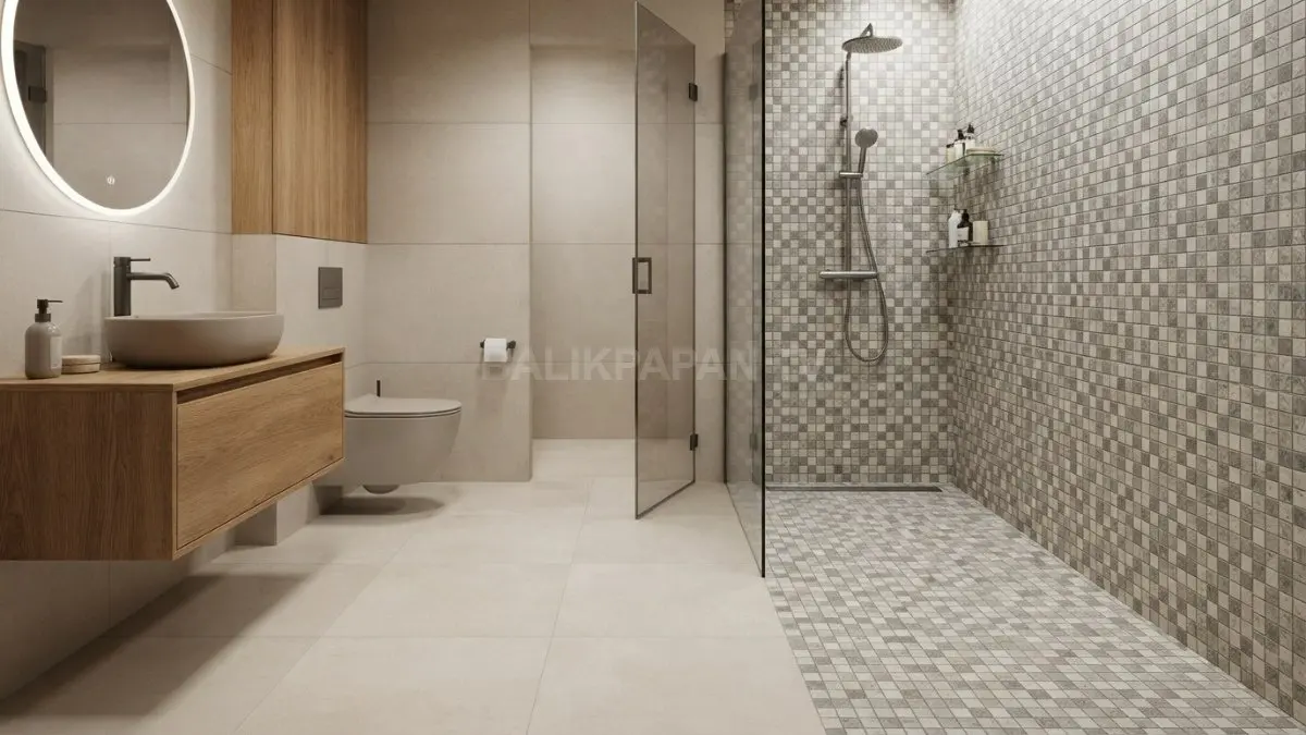 Mosaic tile memperkuat pijakan shower, sekaligus menghadirkan aksen visual yang menyatu dengan lantai kamar mandi (BTV/AI).