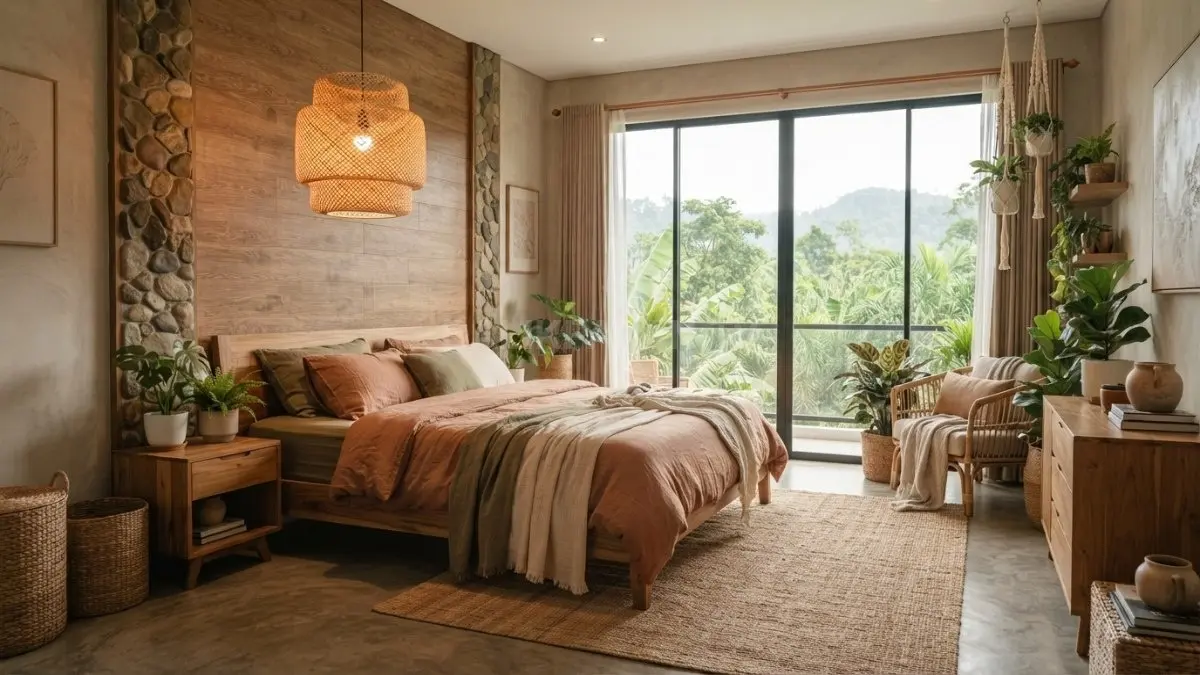 Mountain Biophilic menghadirkan kamar natural melalui kayu, rotan, tanaman, cahaya alami, dan tekstur organik hangat. (BTV/AI)