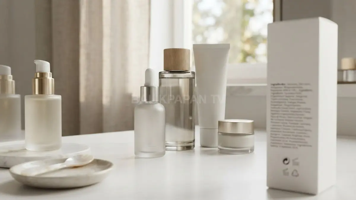 Penataan elegan botol produk skincare minimalis di atas meja rias bersih bernuansa netral yang menawan. (BTV/Ai)