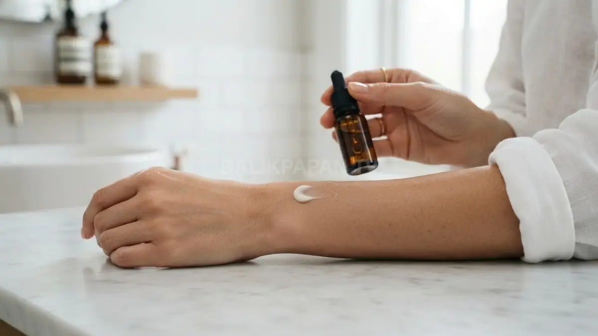 Penerapan uji tempel produk skincare pada area kecil kulit untuk mencegah reaksi alergi berlebih. (BTV/Ai)