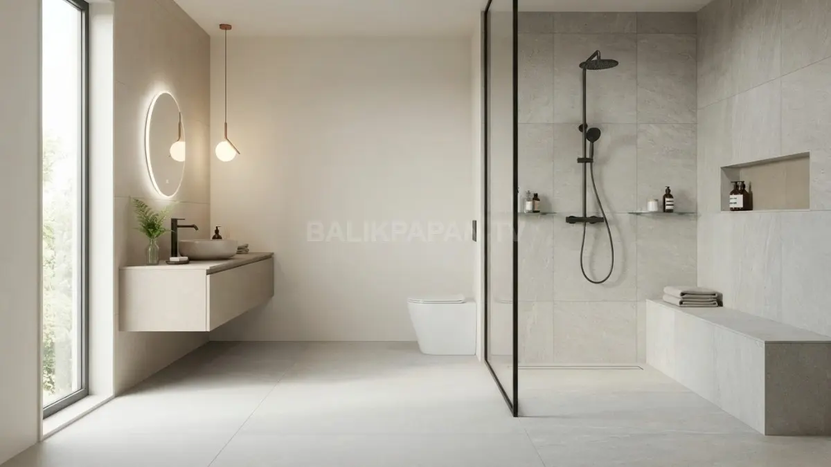 Porcelain matte menghadirkan tampilan modern, bersih, dan aman untuk kamar mandi dengan kelembapan tinggi. (BTV/AI)
