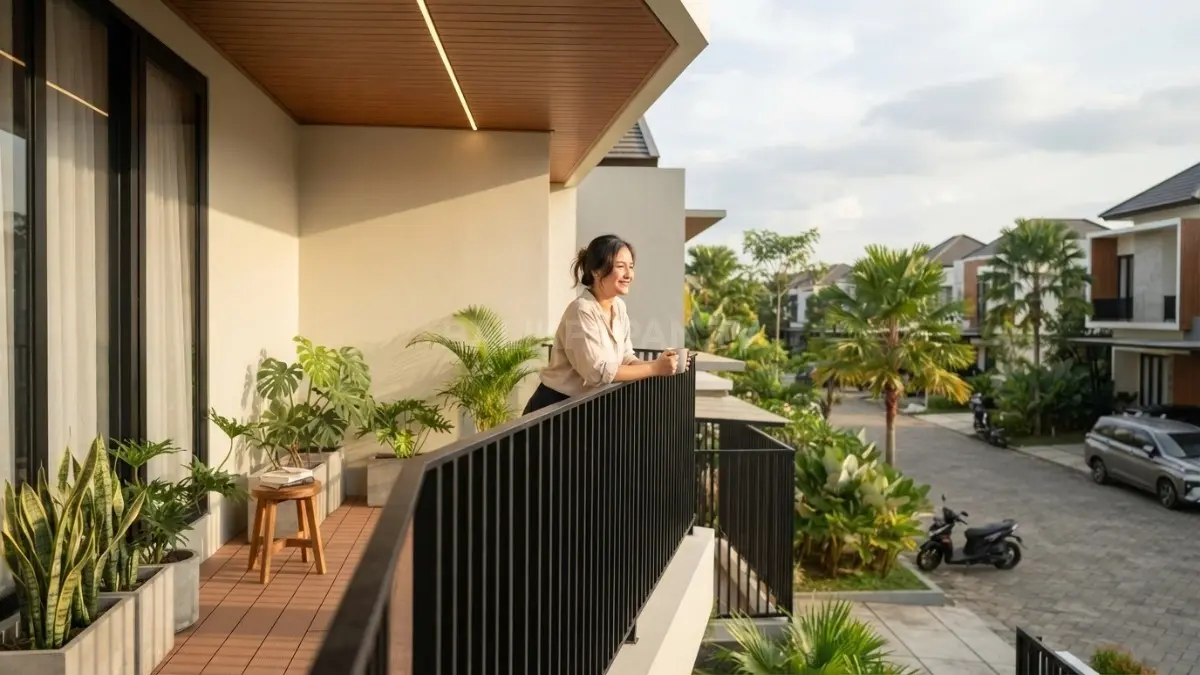 Railing hitam vertikal dan aksen kayu memperkuat karakter balkon minimalis sekaligus menghadirkan tampilan modern elegan. (BTV/AI)