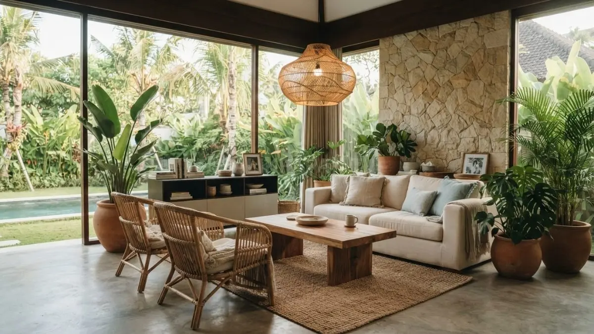 Ruang santai Bali glamor memadukan rotan, linen, kayu, dan pencahayaan hangat untuk suasana tropis elegan. (BTV/AI)