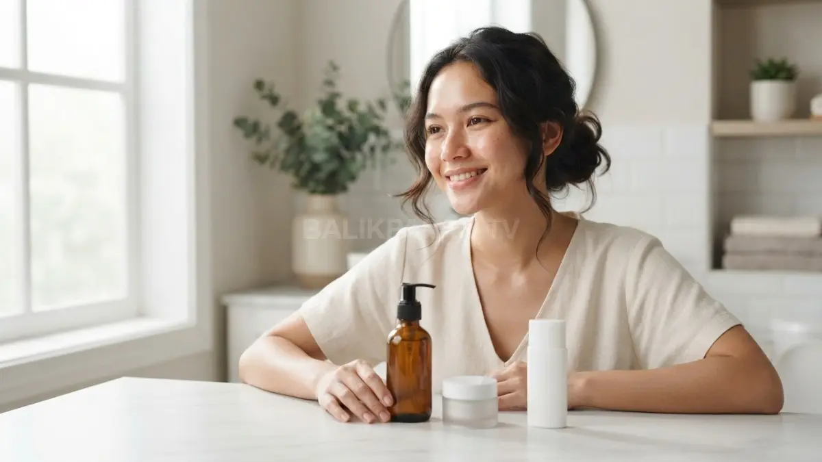 Rutinitas skinimalism sederhana dengan pembersih, pelembap, dan tabur surya membuat kulit wajah sehat bercahaya. (BTV/Ai)