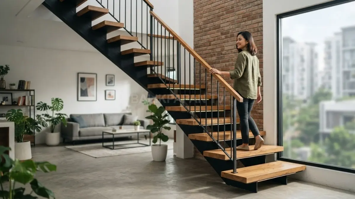 Tangga besi dan kayu menghadirkan gaya industrial minimalis melalui material kokoh, tekstur alami, dan desain ramping. (BTV/AI)