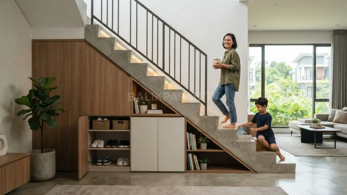 Tangga beton minimalis memanfaatkan ruang bawah sebagai storage fungsional dengan tampilan kokoh dan menyatu interior. (BTV/AI)