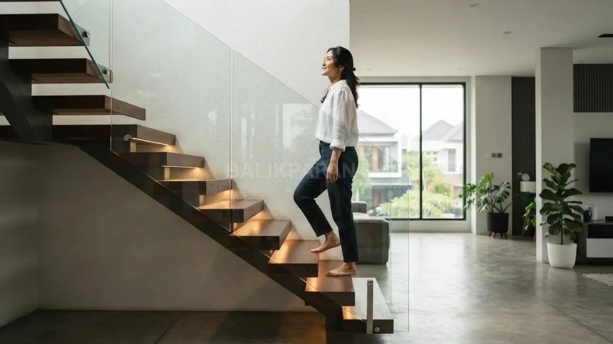 Tangga floating kayu menghadirkan kesan ringan pada interior minimalis melalui struktur tersembunyi dan railing kaca. (BTV/AI)
