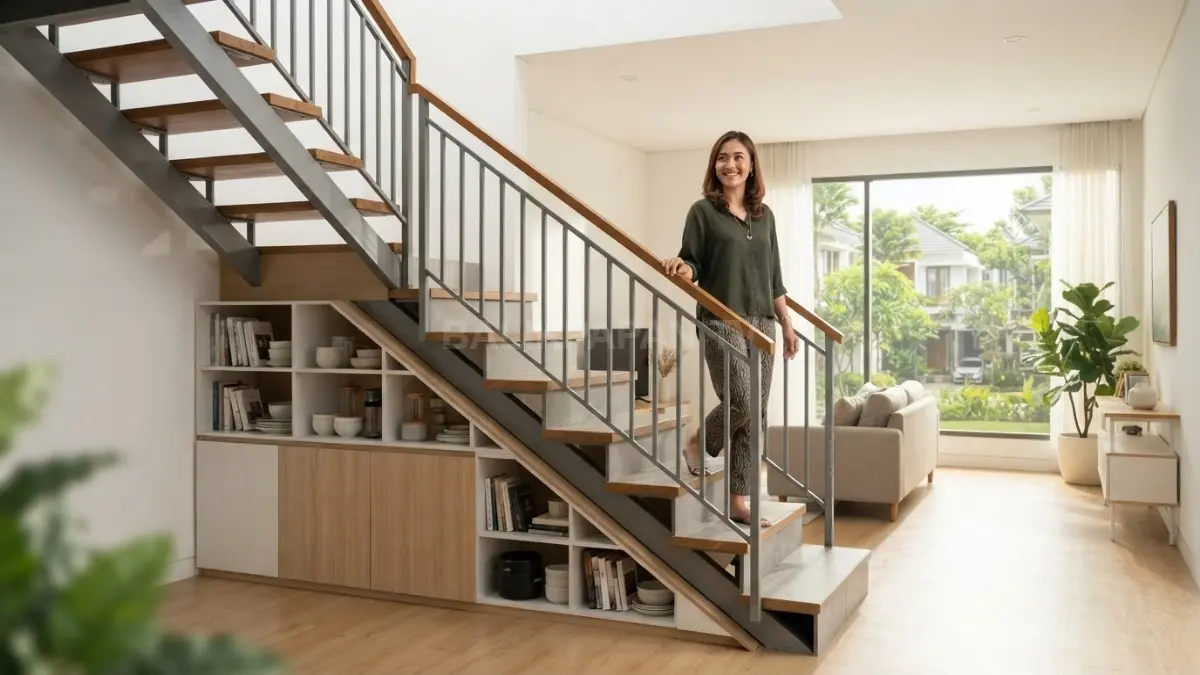 Tangga L minimalis dengan landing memanfaatkan sudut rumah, dilengkapi railing modern dan penyimpanan bawah tangga. (BTV/AI)