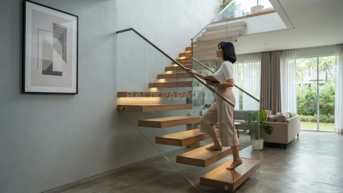 Tangga lurus minimalis memanfaatkan ruang memanjang dengan desain sederhana, material modern, dan railing tipis yang elegan. (BTV/AI)