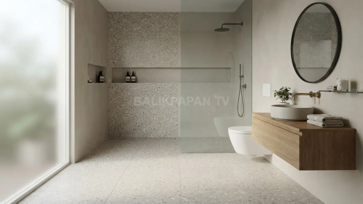 Terrazzo bernuansa modern mempercantik kamar mandi sekaligus menghadirkan fungsi praktis melalui pilihan material tepat (BTV/AI)