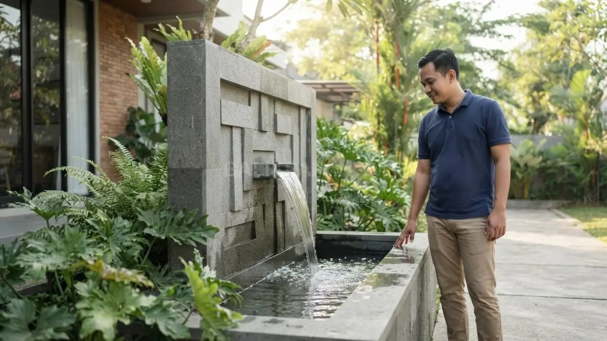Ukiran air mancur memadukan batu alam, relief dekoratif, sirkulasi air, pencahayaan, dan desain taman rumah. (BTV/AI)