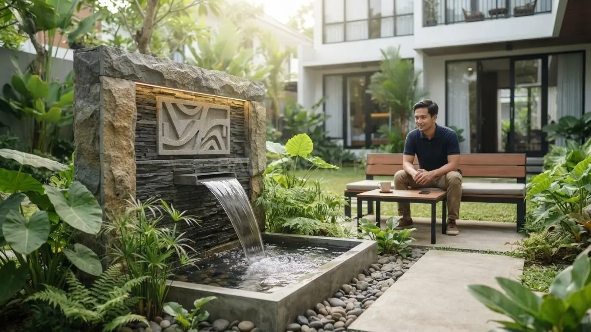 Ukiran air mancur memadukan batu, relief dekoratif, aliran air, reservoir, dan pompa untuk mempercantik taman. (BTV/AI)