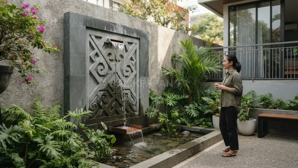 Ukiran air mancur motif Nusantara memadukan relief batu dan aliran air untuk memperkuat karakter taman. (BTV/AI)