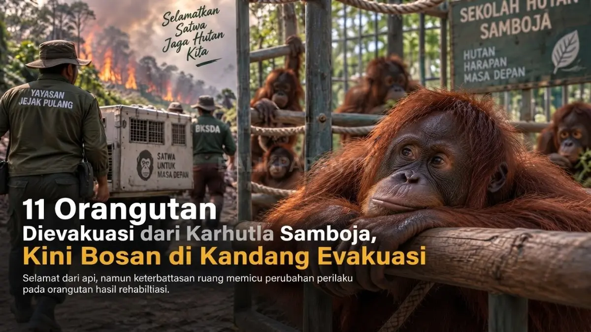 Ilustrasi  Petugas mengevakuasi orangutan dari Sekolah Hutan Jejak Pulang menuju kandang evakuasi KM 38 Samboja saat karhutla mengancam kawasan.(BTV/AI)