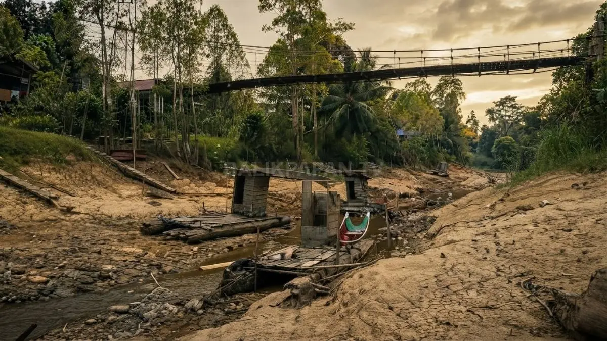 Jembatan gantung di atas Sungai Kedang tampak jauh dari permukaan air akibat penurunan debit sungai.