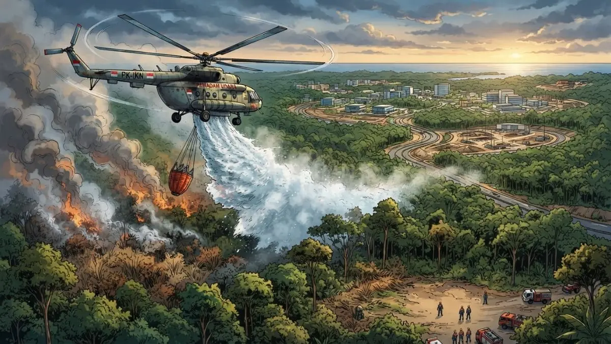 Helikopter water bombing membasahi area rawan karhutla untuk mencegah penyebaran api meluas di sekitar IKN Kalimantan Timur [BTV:AI]