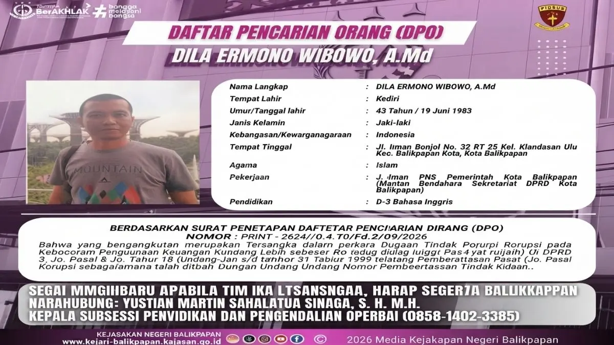 Informasi DPO Dila Ermono terkait perkara dugaan kebocoran penggunaan keuangan DPRD Balikpapan.
