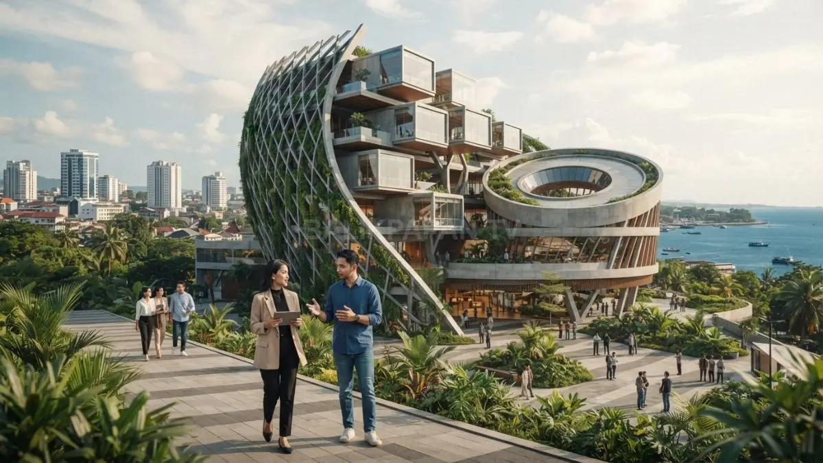 Arsitektur gedung unik menghadirkan bentuk melingkar, biomorfik, fasad hijau, dan struktur eksperimental dengan karakter modern. (BTV/AI)