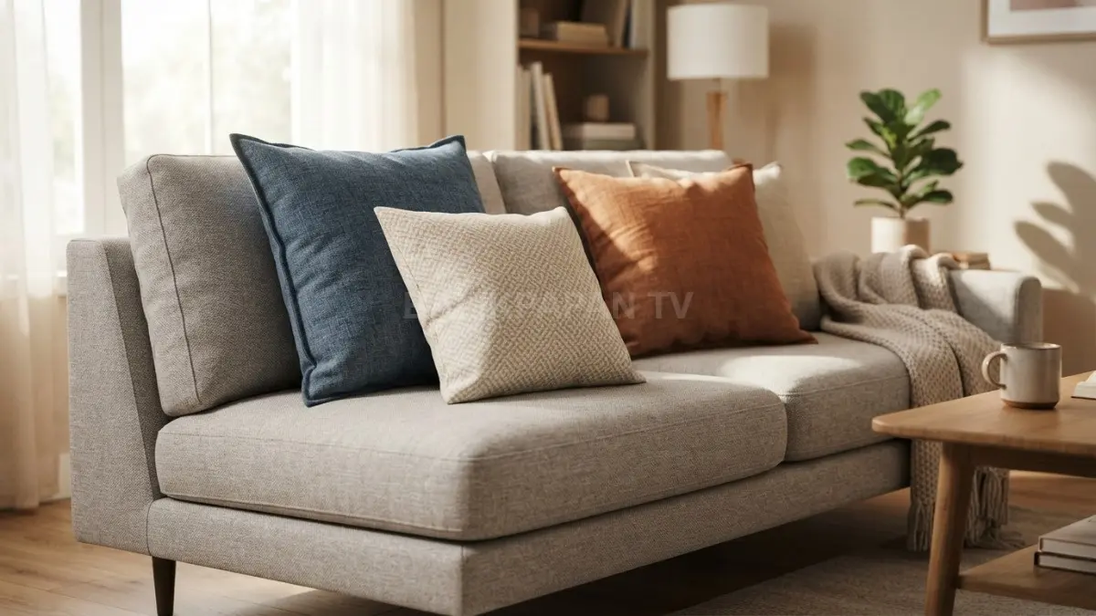 Bantal sofa ukuran 40 dan 45 cm ditata berlapis untuk menciptakan tampilan ruang keluarga dinamis, seimbang, dan nyaman. (BTV/AI)